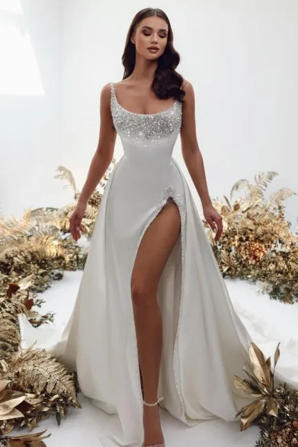 Noble square sleeveless a-line satin Wedding dress with pearls