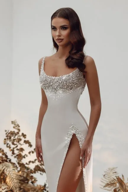Noble square sleeveless a-line satin Wedding dress with pearls