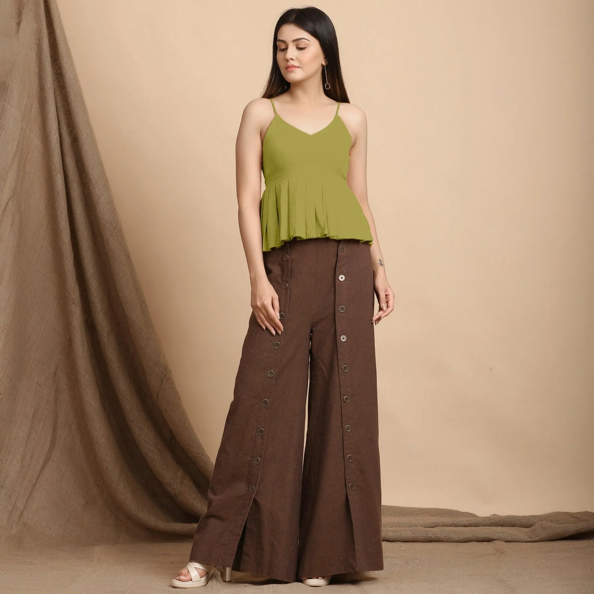 Olive Green Cotton Flax Pleated Camisole Top
