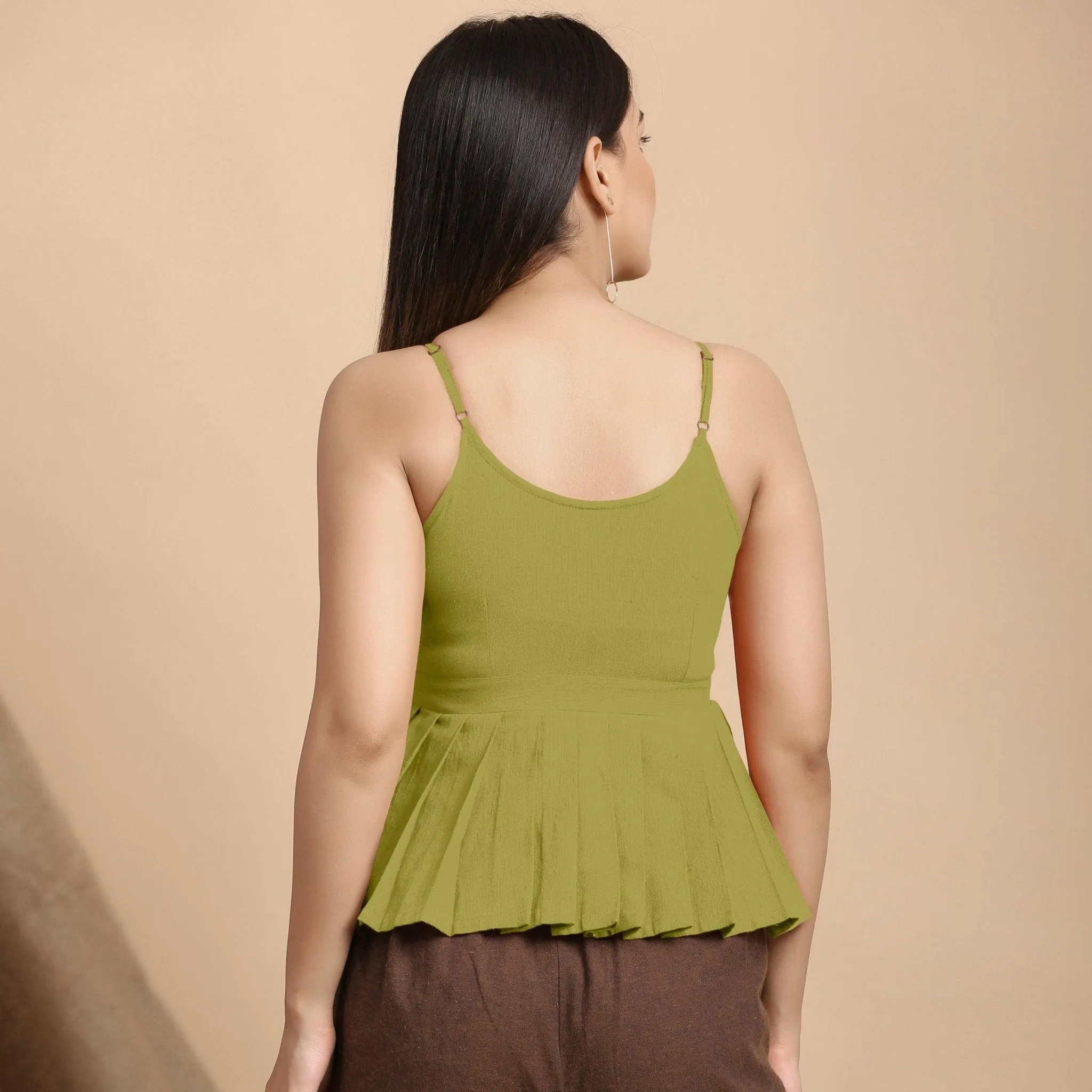 Olive Green Cotton Flax Pleated Camisole Top