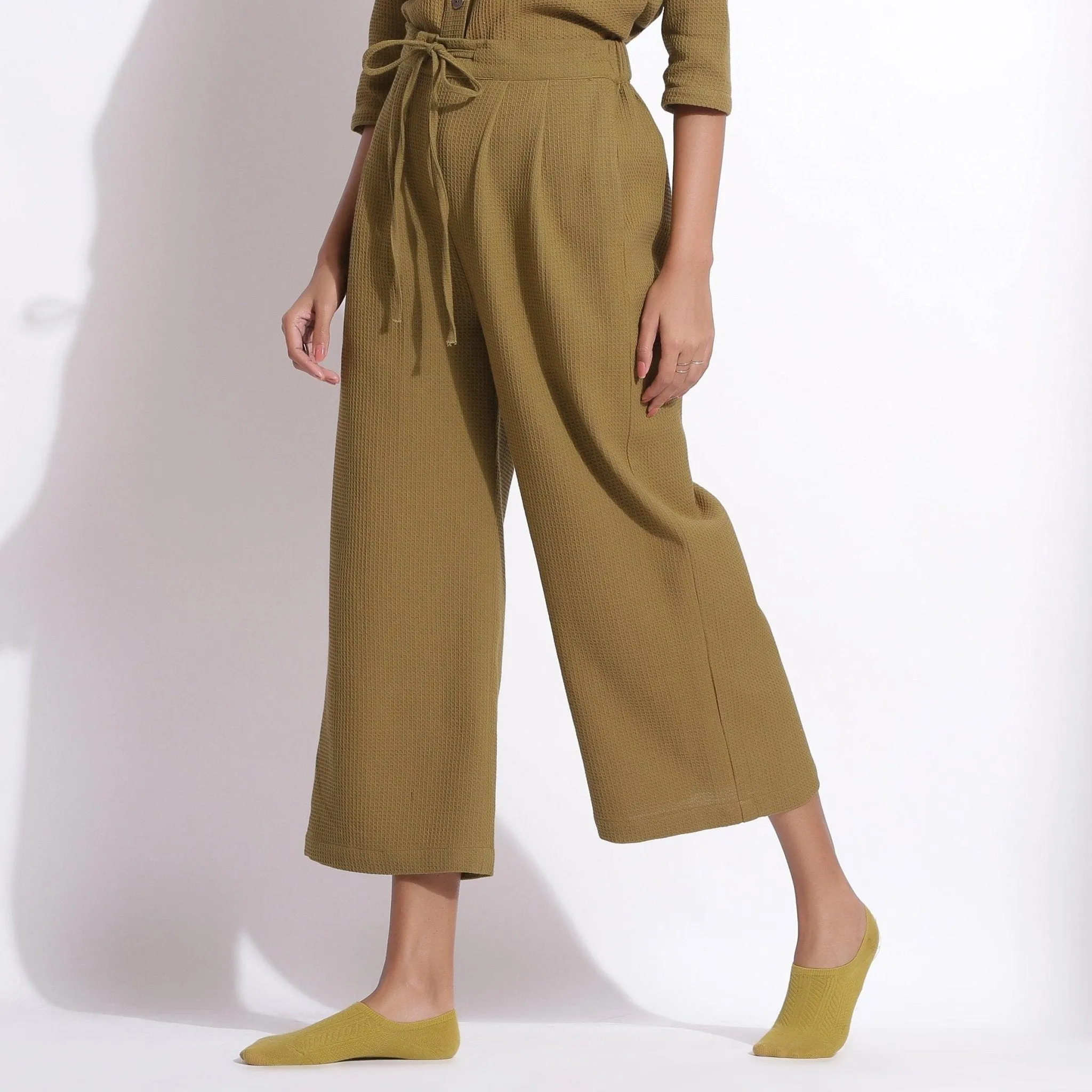 Olive Green Warm Cotton Waffle Relaxed Culottes