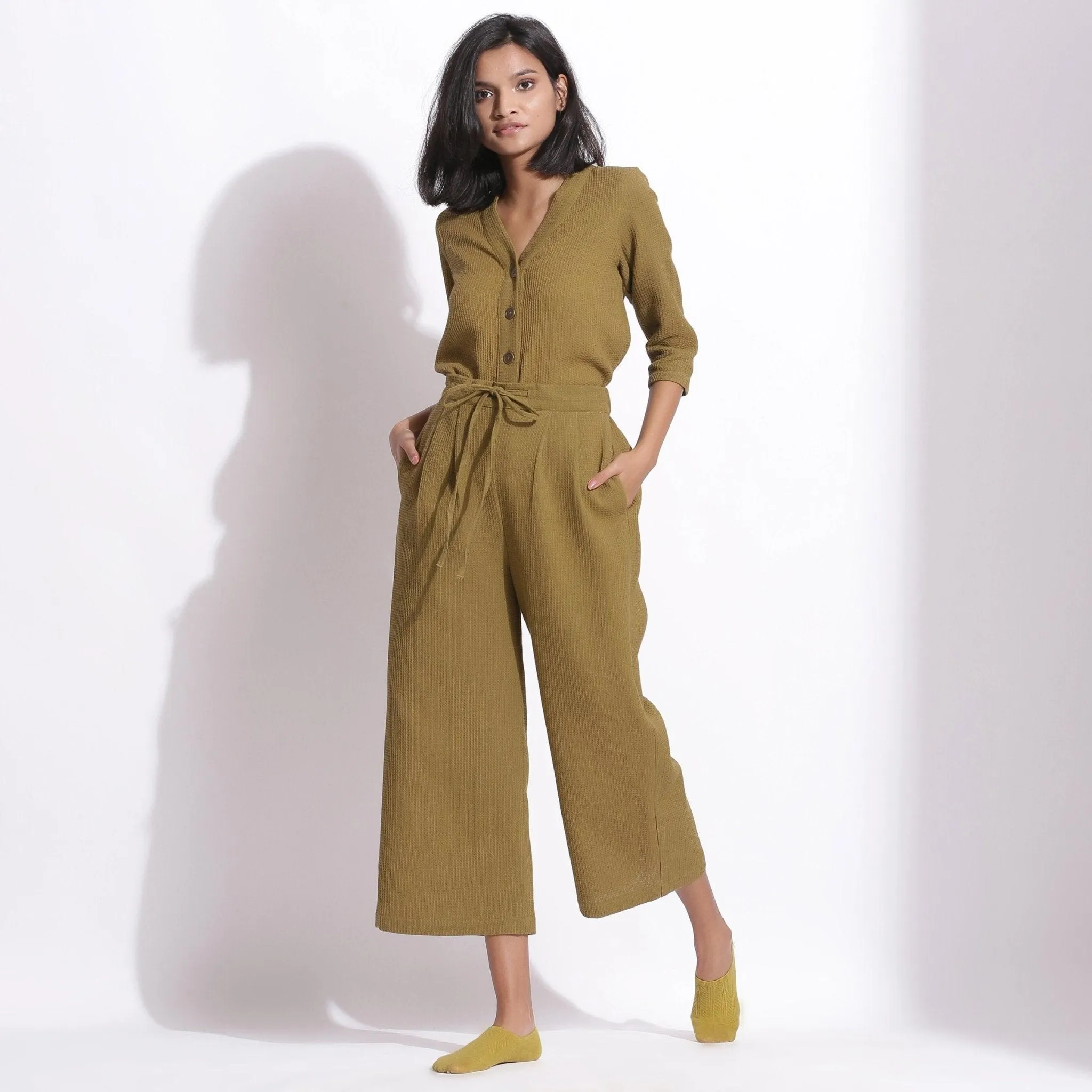 Olive Green Warm Cotton Waffle Relaxed Culottes