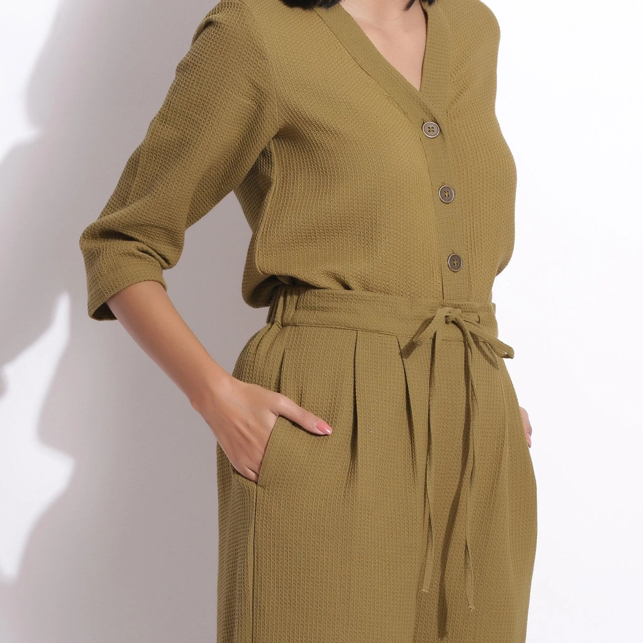 Olive Green Warm Cotton Waffle Relaxed Culottes