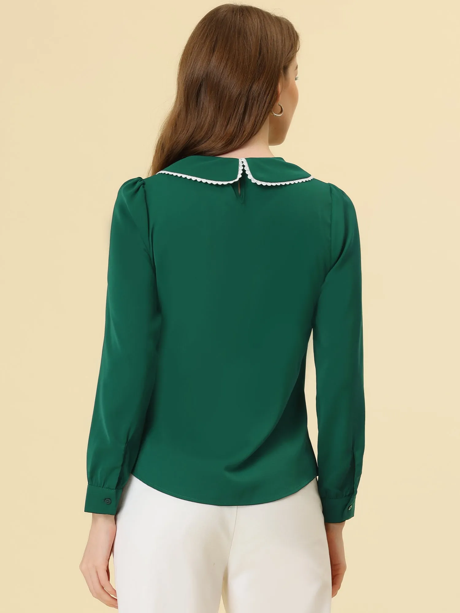 Peter Pan Collar Crochet Trim Long Sleeve Chiffon Office Blouse