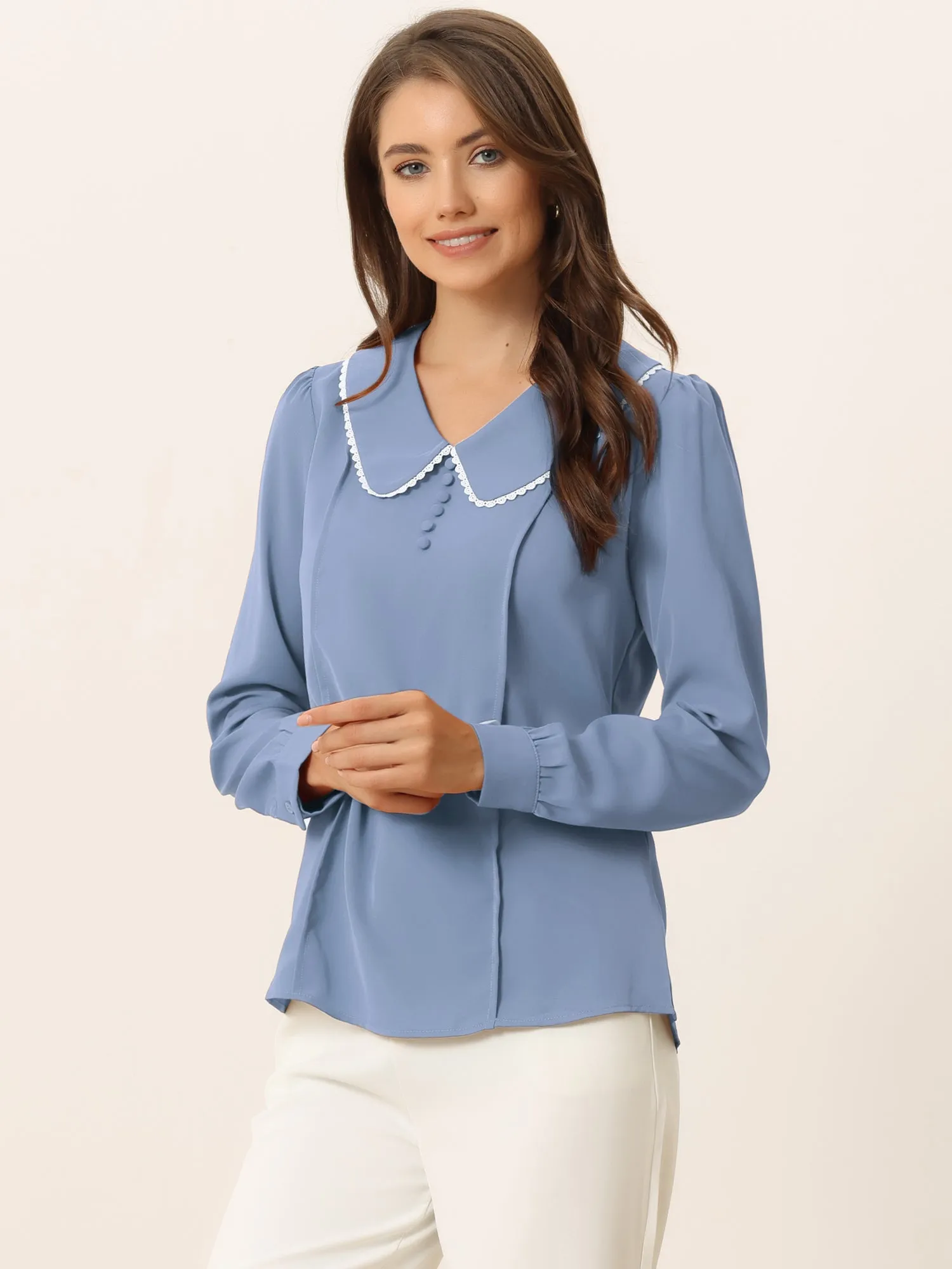 Peter Pan Collar Crochet Trim Long Sleeve Chiffon Office Blouse