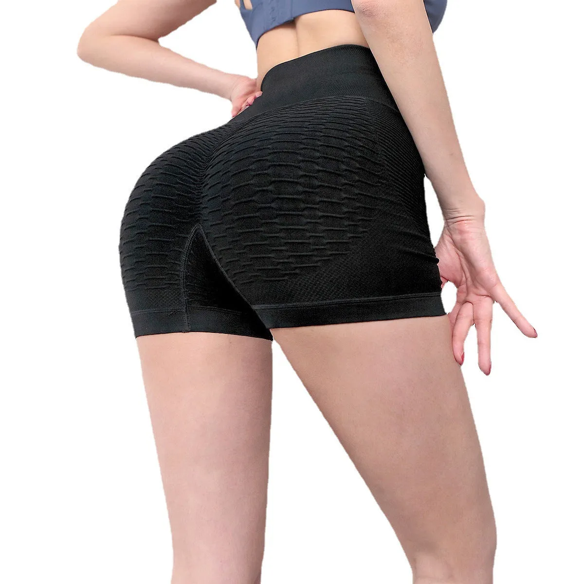 Popular Knitted Jacquard Fitting Pants Women Hip-Flattering Peach Shorts Sporty Yoga Stretchable Bubble Track Activewear