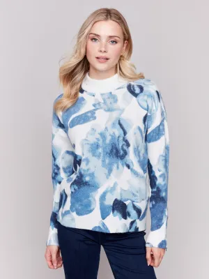 Printed Mock Neck Sweater With Sleeve Zippers - Navy Storm