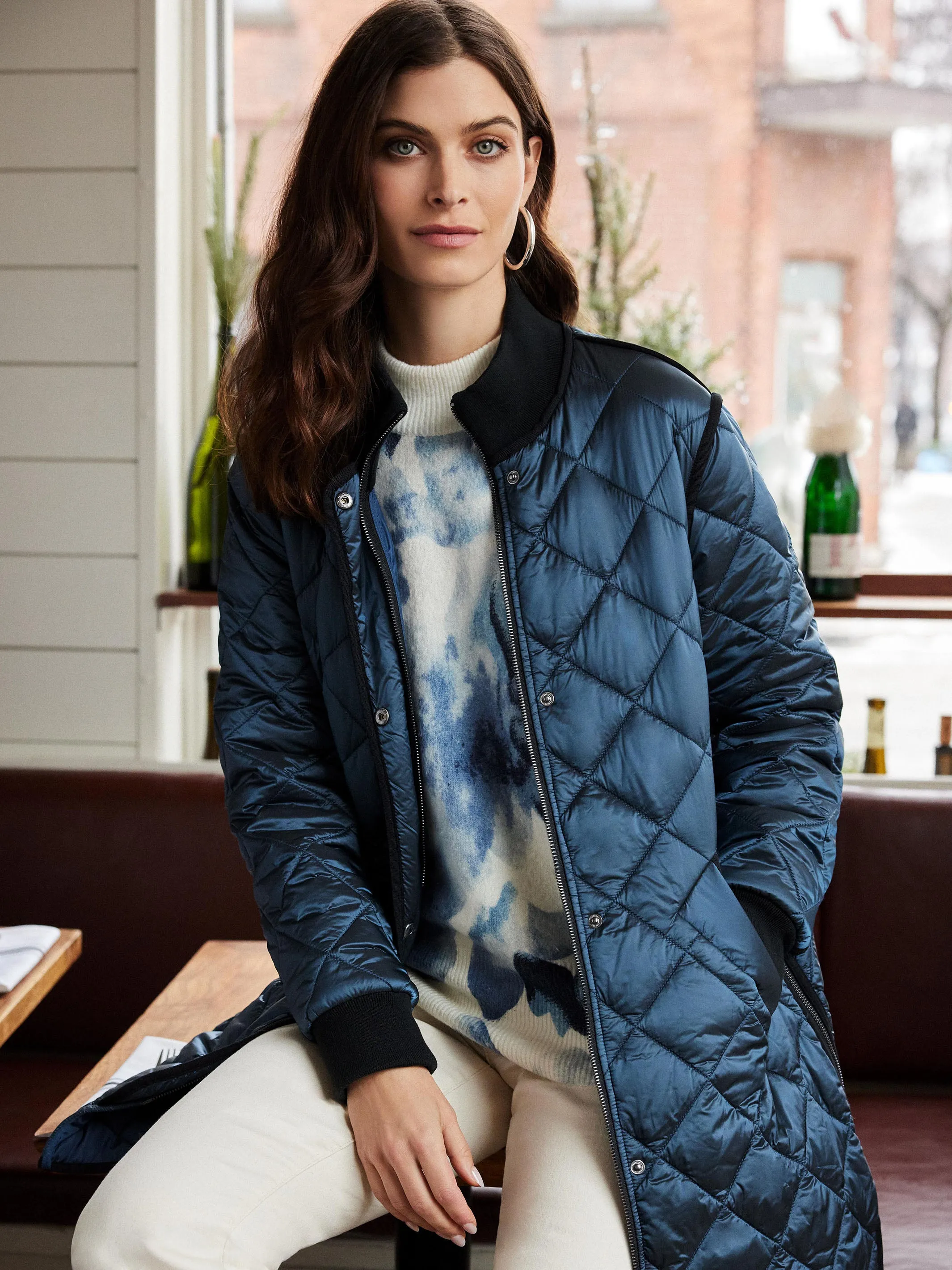 Printed Mock Neck Sweater With Sleeve Zippers - Navy Storm