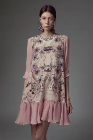 Rufflfled printed mini silk dress