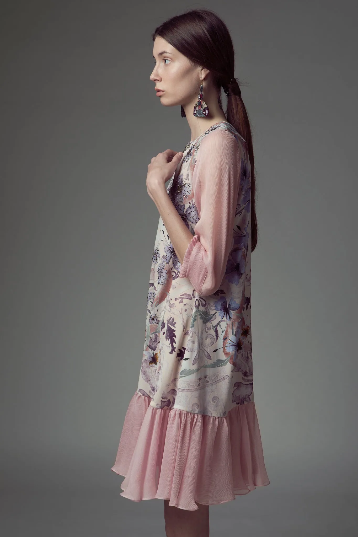 Rufflfled printed mini silk dress