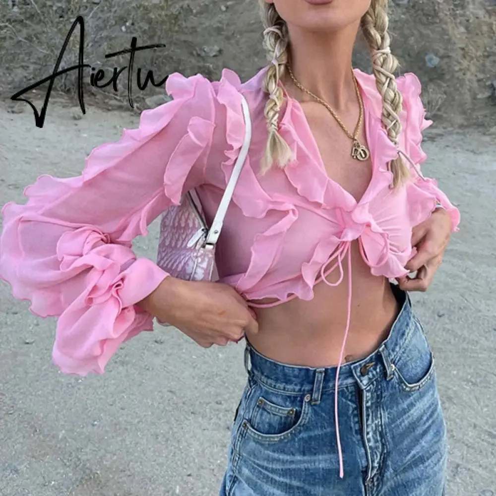Sweet Girl Pink Ruffles Crop Top Y2K Kawaii Bandage T-shirt Sexy Mesh Sheer Transparent Tees Chic Women Vintage Streetwear