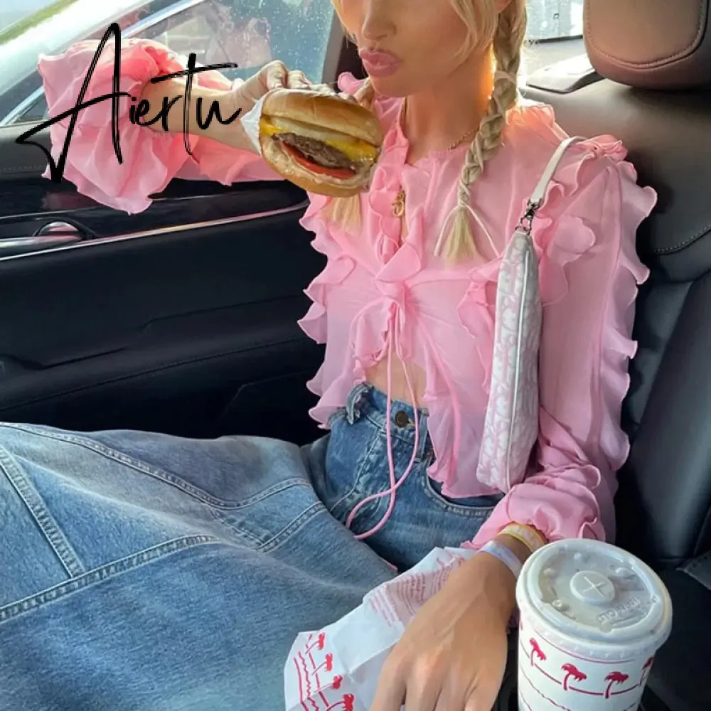 Sweet Girl Pink Ruffles Crop Top Y2K Kawaii Bandage T-shirt Sexy Mesh Sheer Transparent Tees Chic Women Vintage Streetwear