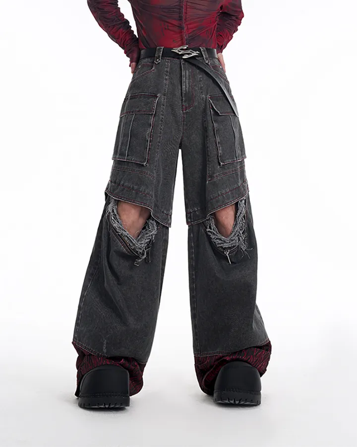 Vortex Racer-Edgy Denim Cargo Pants with Distressed Detail
