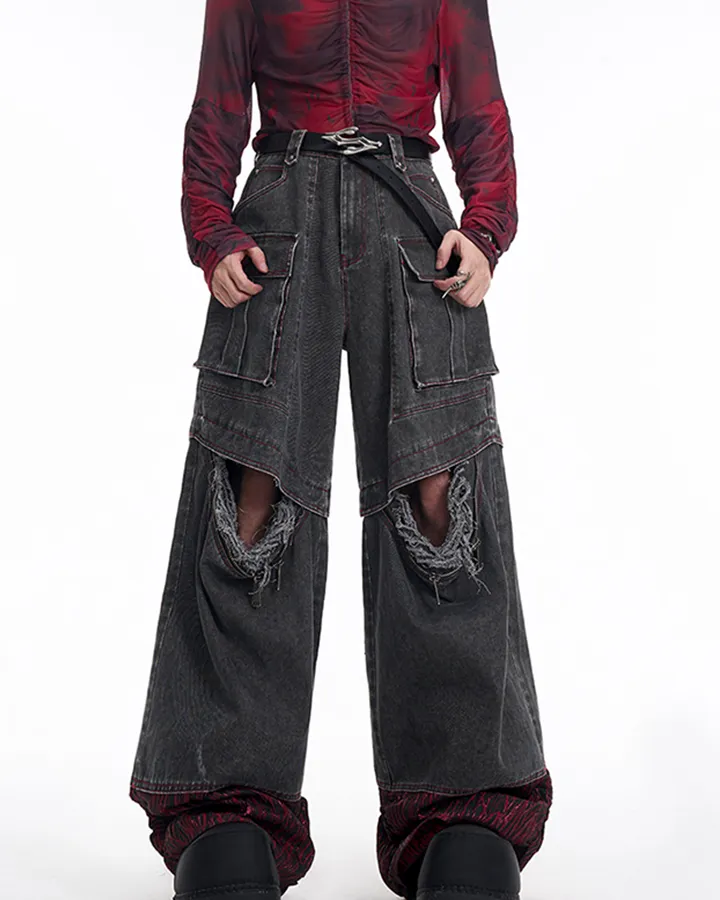 Vortex Racer-Edgy Denim Cargo Pants with Distressed Detail