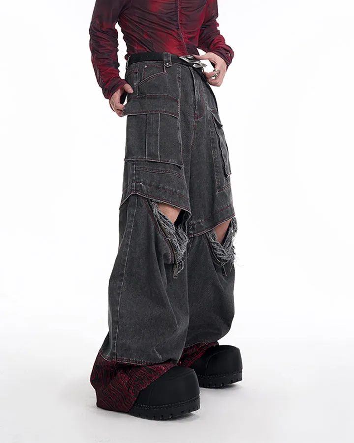 Vortex Racer-Edgy Denim Cargo Pants with Distressed Detail