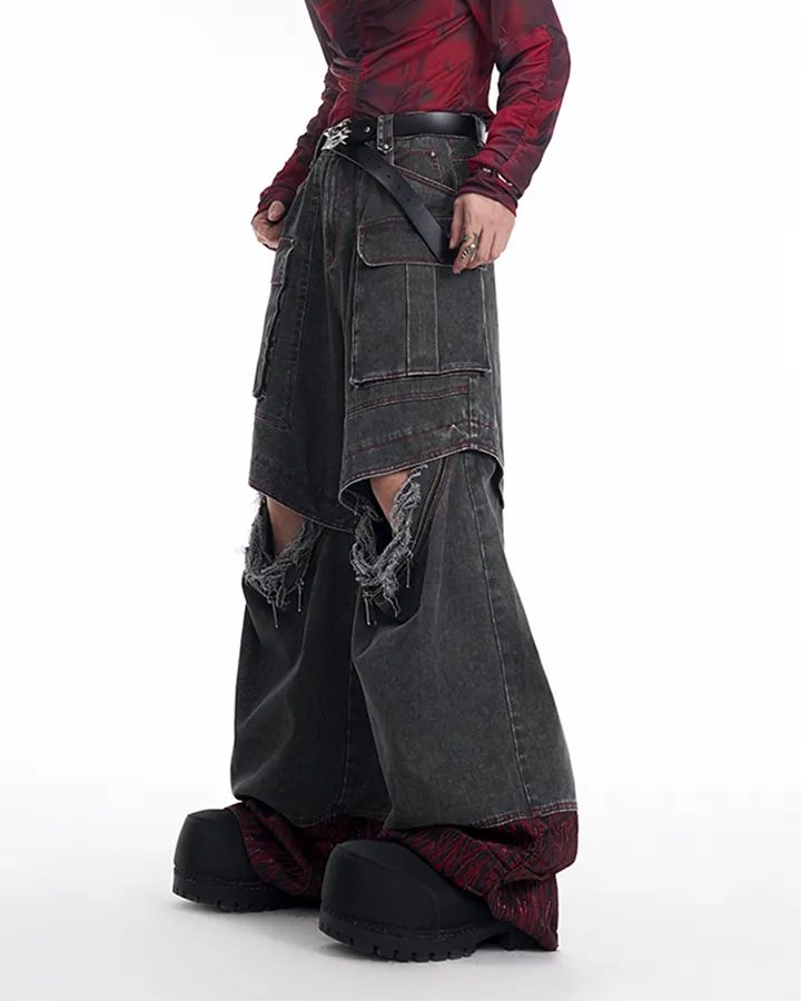 Vortex Racer-Edgy Denim Cargo Pants with Distressed Detail