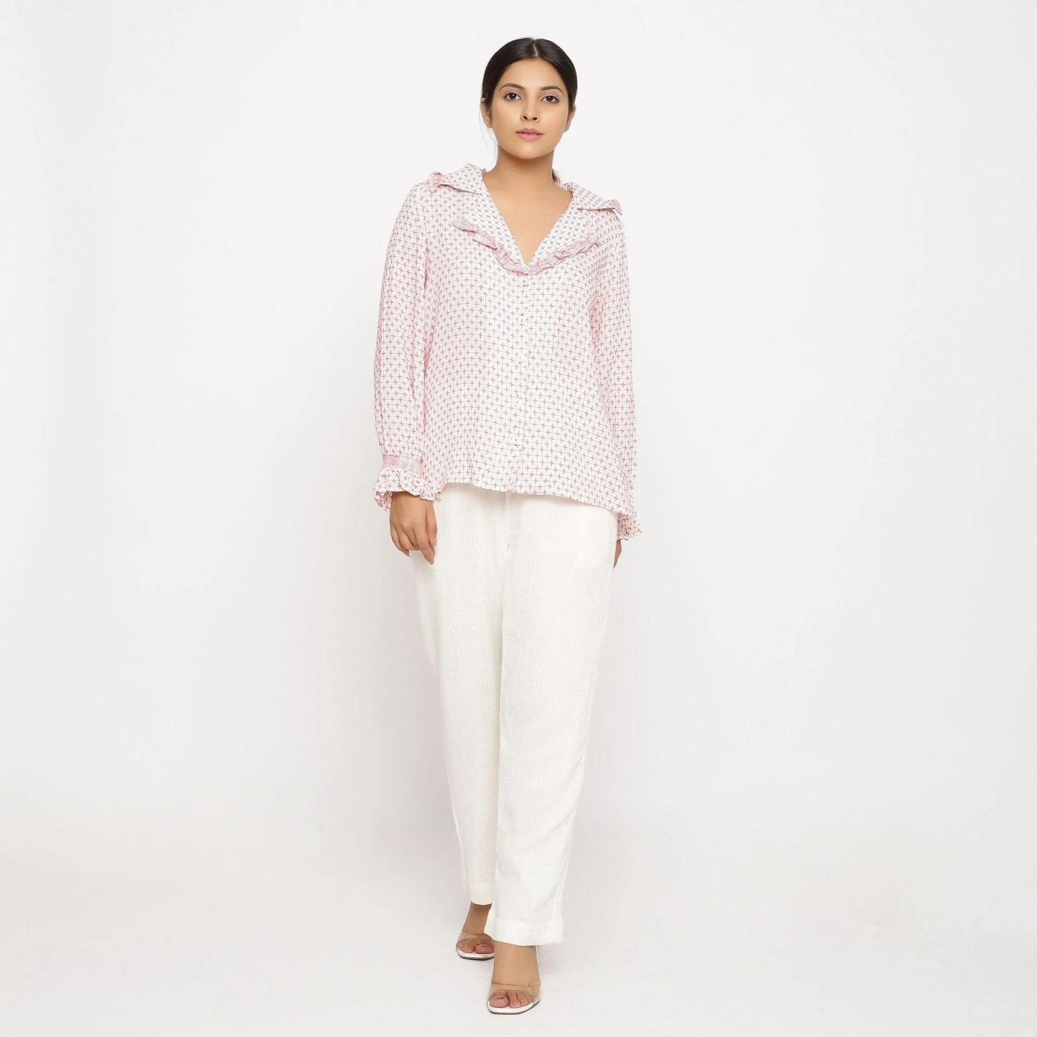 White Crinkled Cotton Notched Frill Collar Shirt