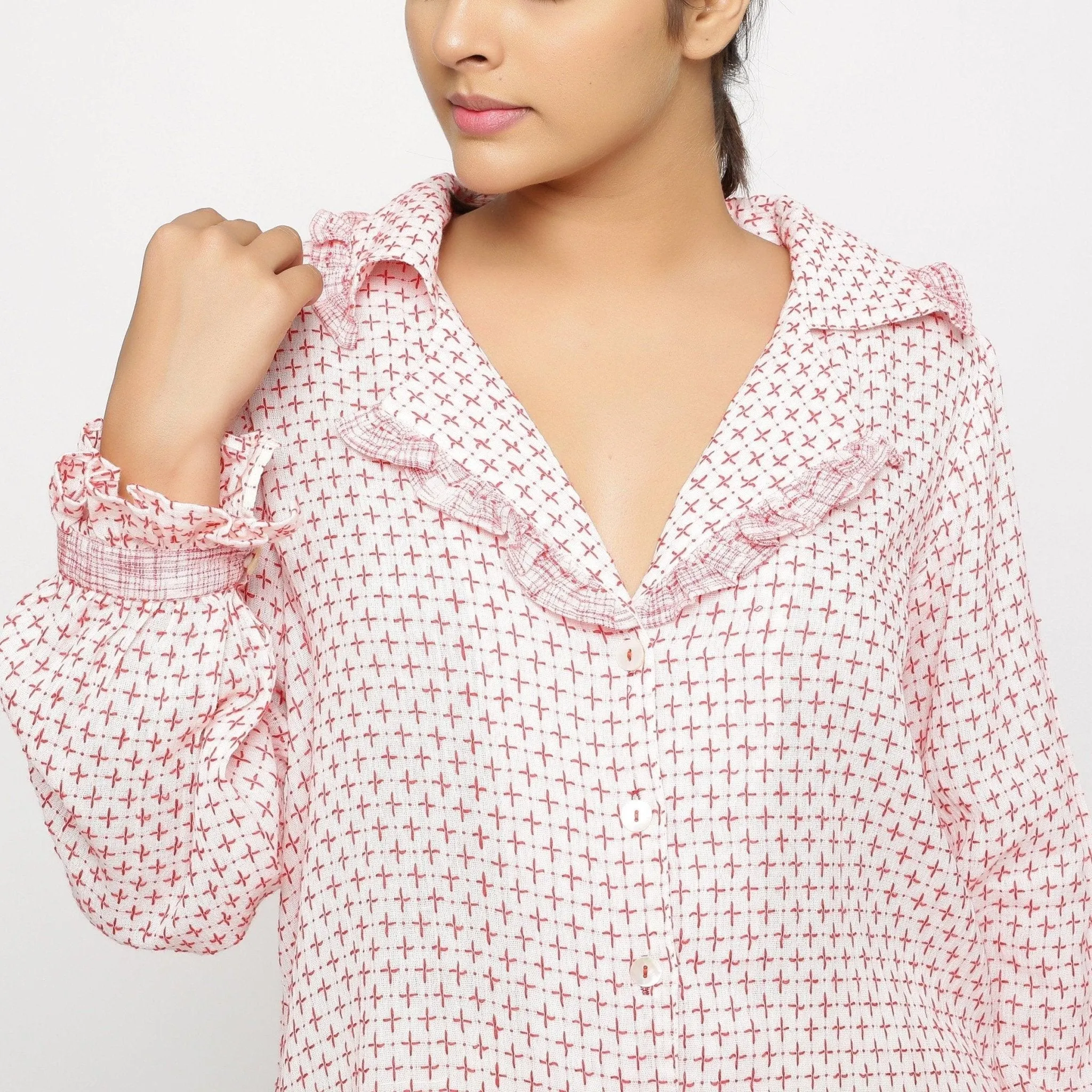 White Crinkled Cotton Notched Frill Collar Shirt