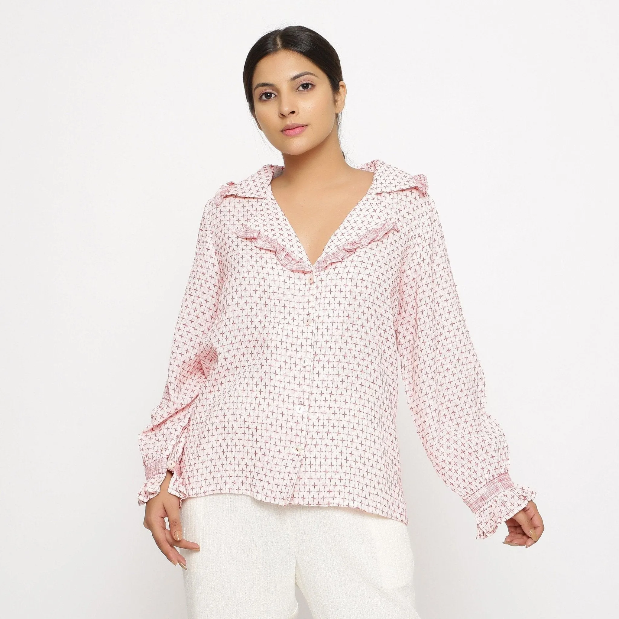 White Crinkled Cotton Notched Frill Collar Shirt