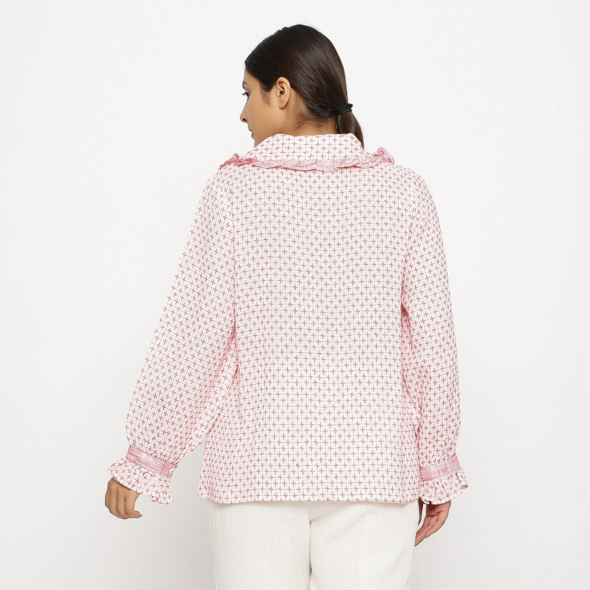 White Crinkled Cotton Notched Frill Collar Shirt