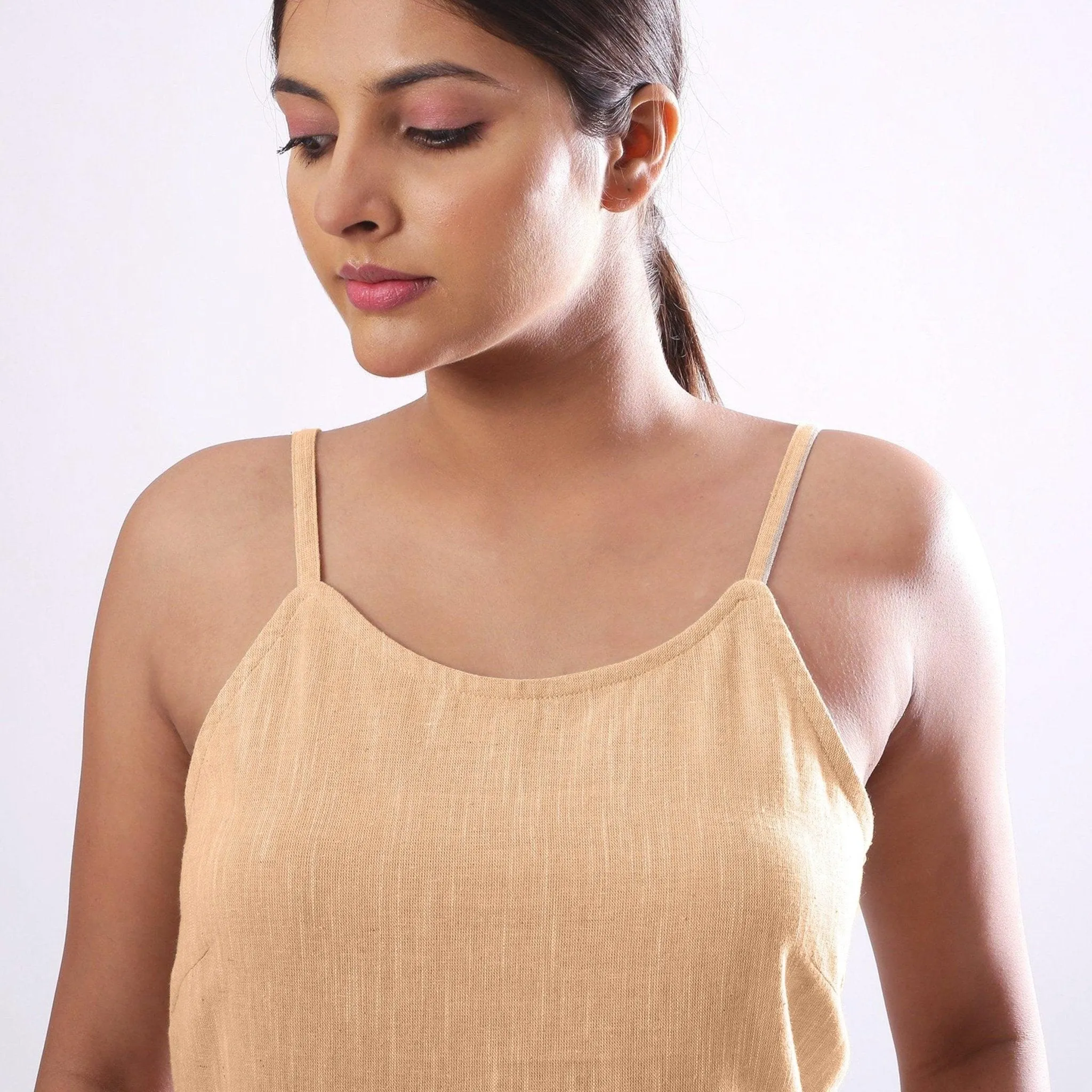 Yellow Yarn Dyed Cotton Slim Fit Spaghetti Top