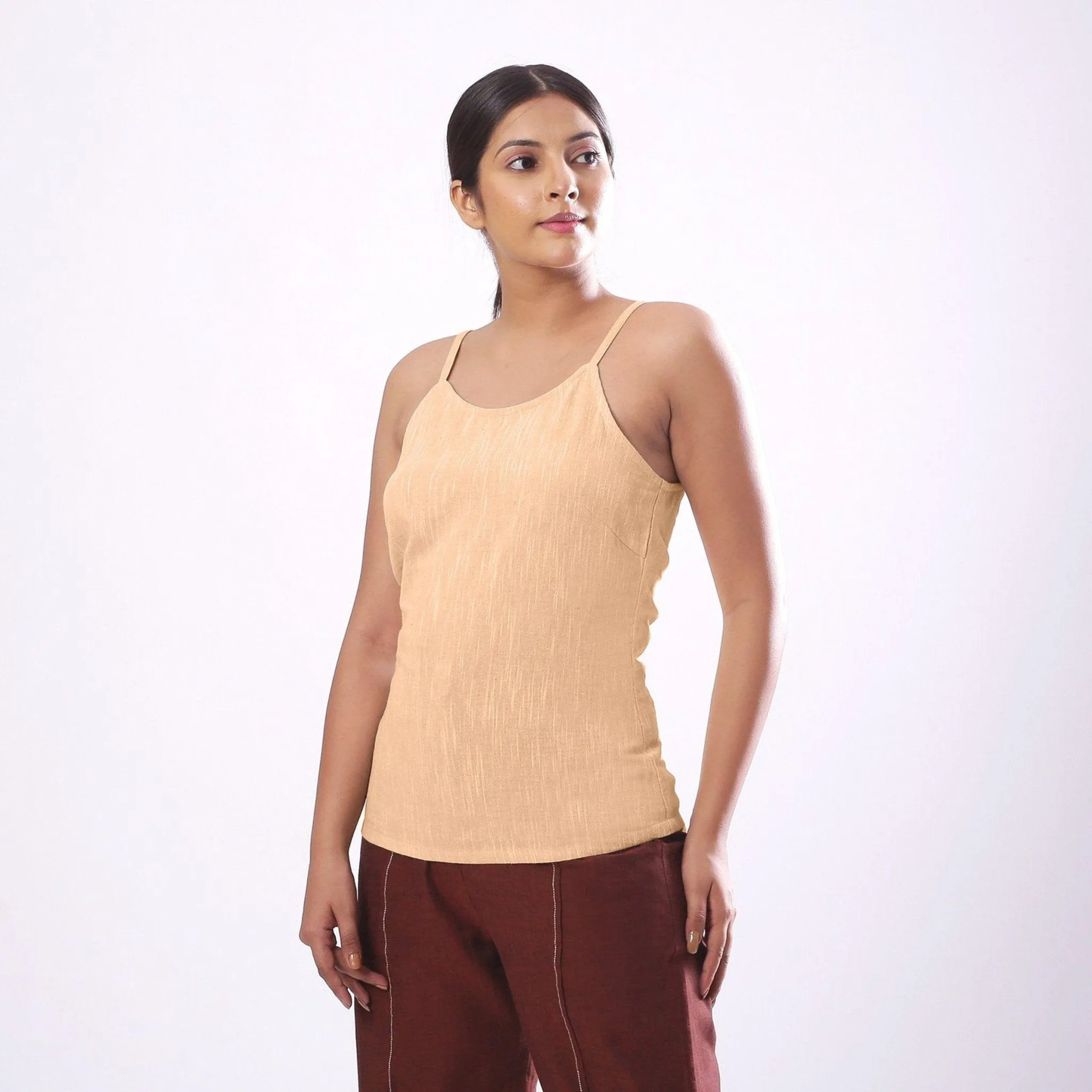 Yellow Yarn Dyed Cotton Slim Fit Spaghetti Top
