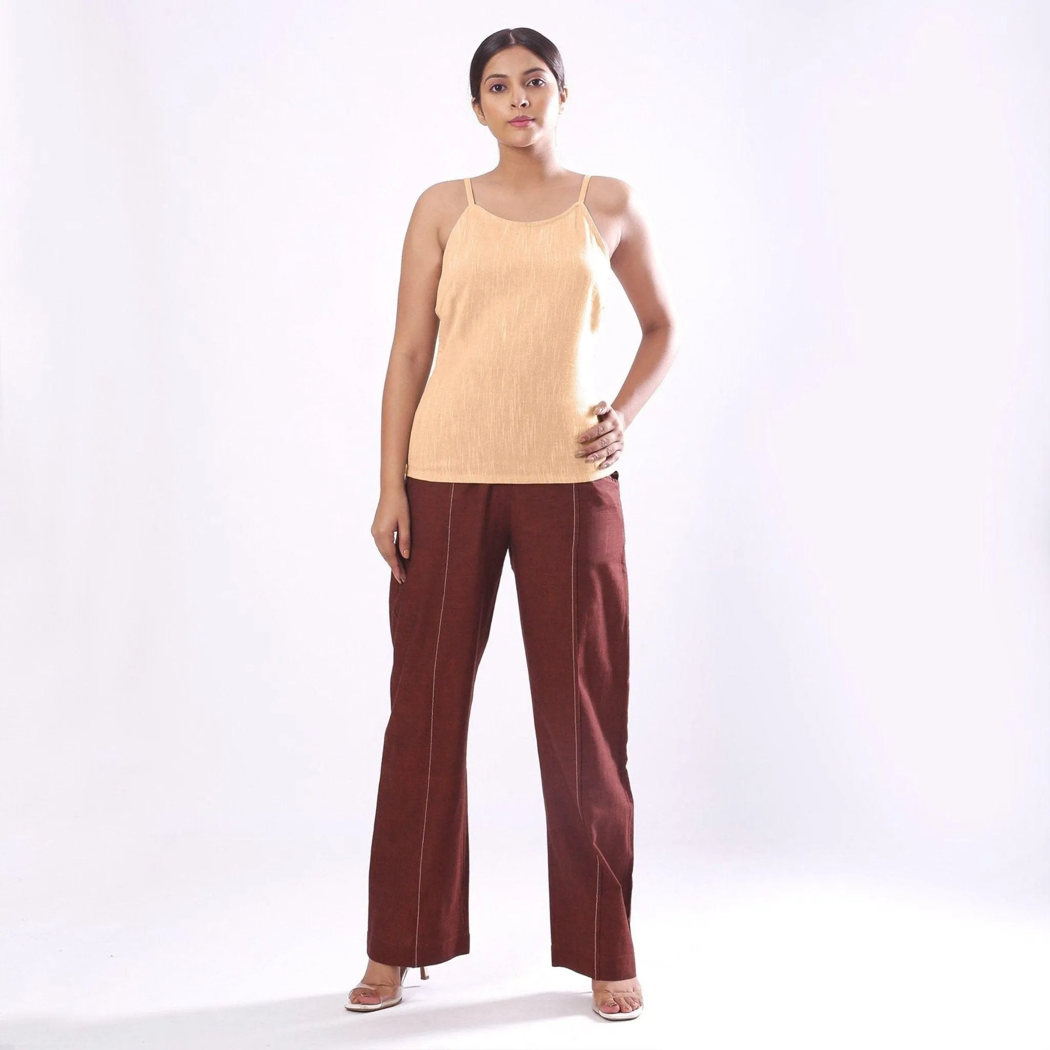 Yellow Yarn Dyed Cotton Slim Fit Spaghetti Top